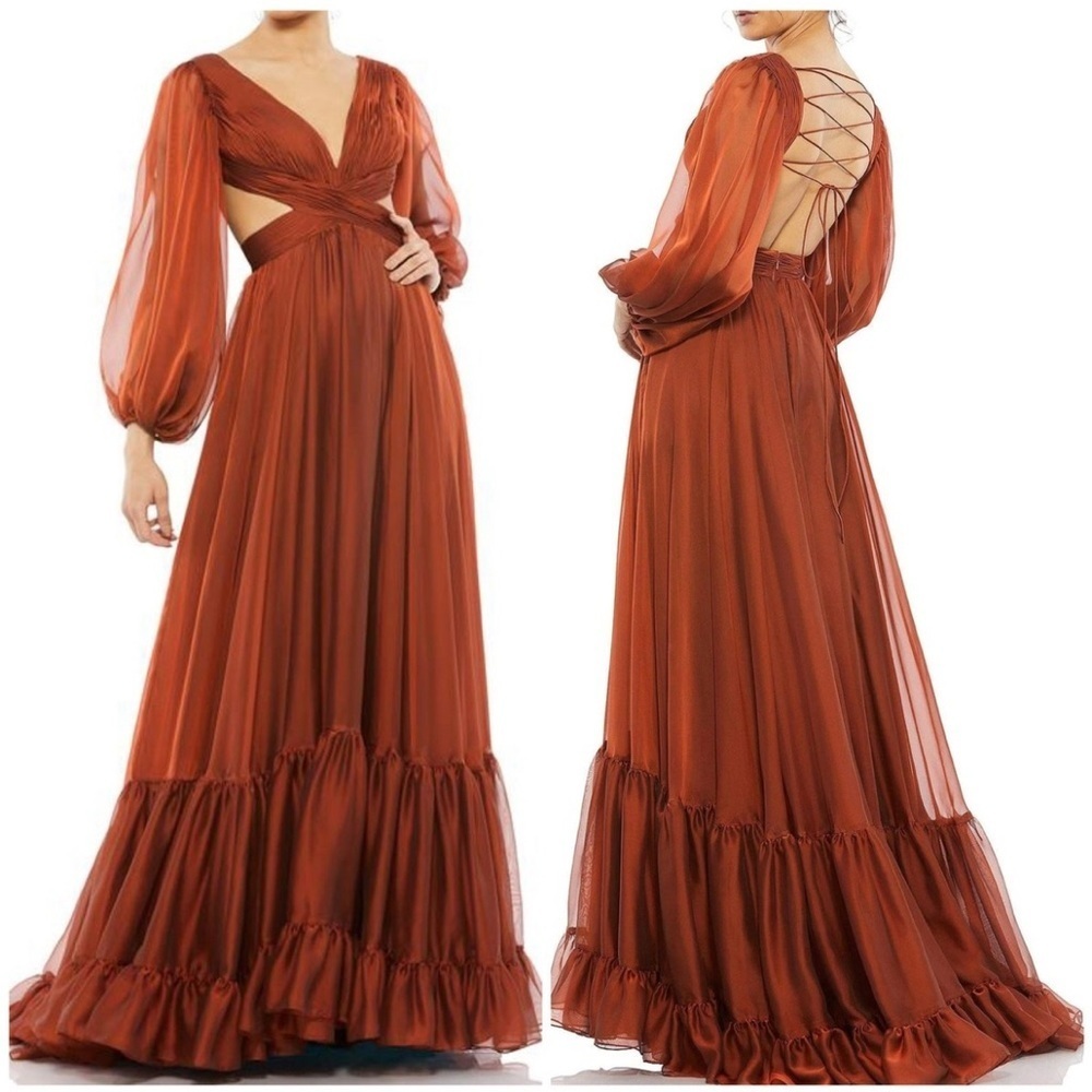 Mac Duggal NWT Copper Pleated
Cut Out Long Sleeve Lace Up Tie